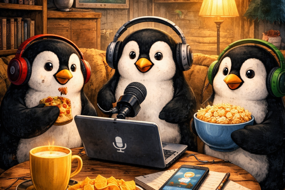 Pingin WG Gruppe hört Hörbücher und isst Chips, um einen Laptop versammelt