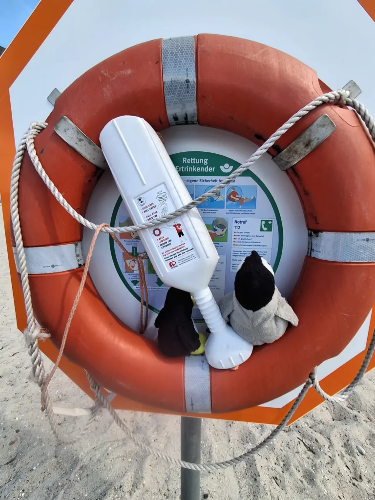 Mütux und Neville sitzen in einem Rettungsring der aufgehangen ist und lesen die Anleitung.