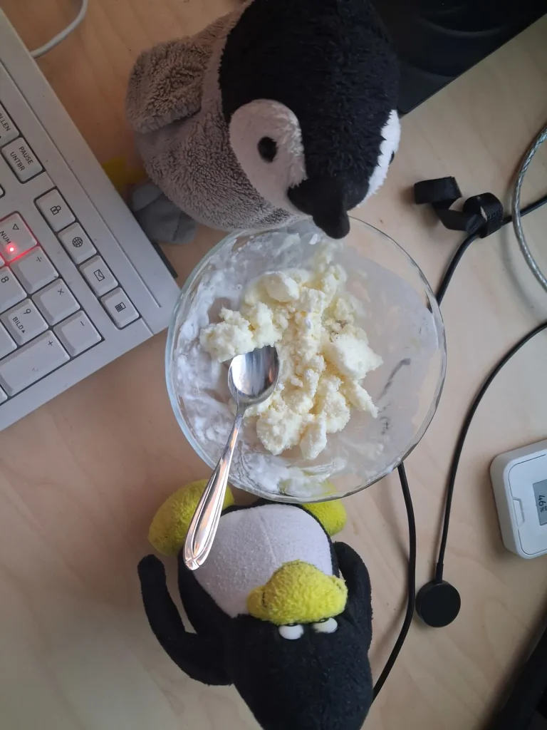 Neville und Mütux essen frisches Eis aus einer Glasschale mit einem Löffel, während sie auf dem Schreibtisch sitzen.