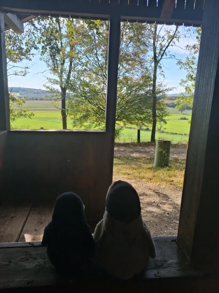 Neville und Mütux in einem kleinen Rastunterstand