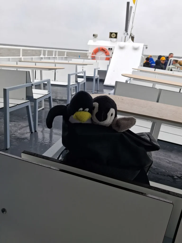 Neville und Mütux schauen an Board des Schiffes aus dem Rucksack