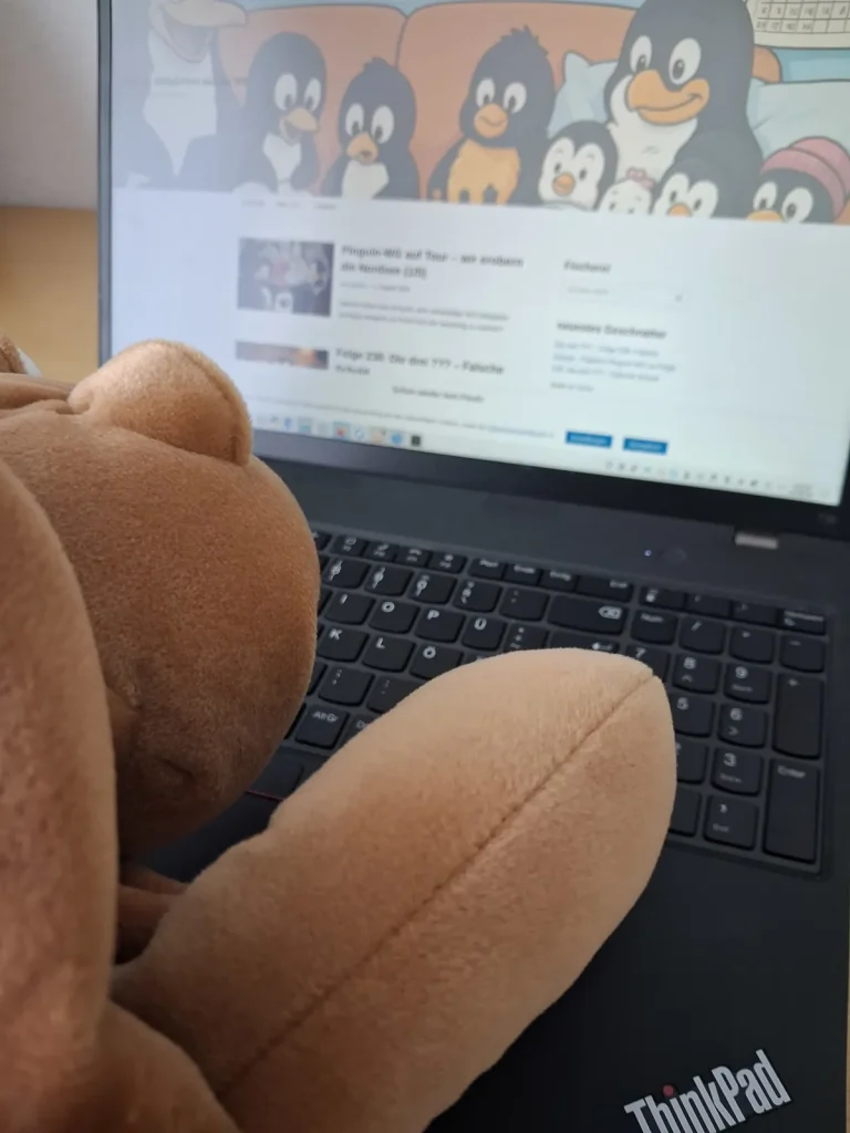 sammy sitzt vor einem Laptop mit der geöffneten Pinguin WG Webseite.