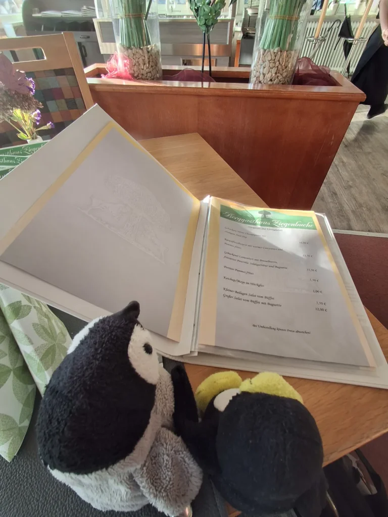 Auf dem Bild sitzen Mütux und Neville gemeinsam an einem Tisch in einem Restaurant und betrachten die aufgeschlagene Speisekarte. Die beiden Pinguin-Kuscheltiere sind im Vordergrund zu sehen, wobei einer von ihnen aufmerksam zur Karte schaut und der andere direkt daneben sitzt. Vor ihnen liegt die Speisekarte mit verschiedenen Gerichten und Preisen.
Im Hintergrund stehen große dekorative Glasvasen mit Pflanzen auf einer hölzernen Ablage. Das warme Sonnenlicht fällt durch den Raum und sorgt für eine gemütliche Atmosphäre. Insgesamt wirkt die Szene so, als würden Mütux und Neville gerade überlegen, was sie bestellen möchten.