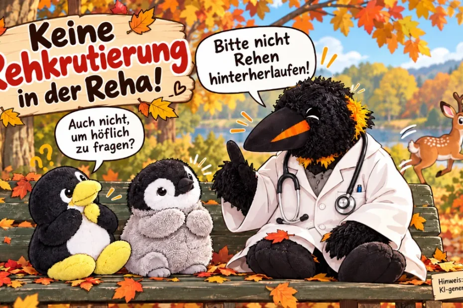 Hinweis: Dieses Bild ist KI-generiert. Das Bild zeigt eine farbenfrohe Comic-Szene in einem herbstlichen Park. Im Mittelpunkt sitzen drei pinguinartige Figuren auf einer Holzbank, die mit vielen orangefarbenen und gelben Herbstblättern bedeckt ist. Links sitzt Mütux, ein kleiner schwarzer Plüschpinguin mit weißem Bauch, gelbem Schnabel und gelben Füßen. In der Mitte sitzt Neville, ein kleiner grauer Plüschpinguin mit hellem Gesicht und weichem, flauschigem Körper. Beide schauen aufmerksam zu Hagadollah, die rechts auf der Bank sitzt. Hagadollah ist größer als die beiden, trägt einen weißen Arztkittel und ein Stethoskop und hebt mahnend einen Flügel, als würde sie etwas erklären. Über den Figuren sind Sprechblasen zu sehen: Mütux fragt: „Auch nicht, um höflich zu fragen?“ Hagadollah antwortet: „Bitte nicht Rehen hinterherlaufen!“ Links oben hängt ein großes Holzschild mit der Überschrift: „Keine Rehkrutierung in der Reha!“ Im rechten Hintergrund ist ein kleines Reh zu sehen, das erschrocken davonläuft. Hinter der Szene liegen ein See oder Fluss, Bäume in warmen Herbstfarben und ein blauer Himmel. Unten rechts steht zusätzlich der Hinweis: „Hinweis: KI-generiertes Bild.“